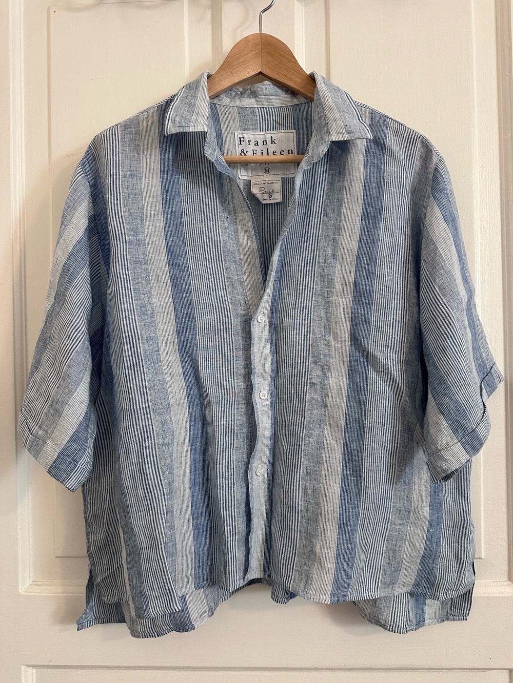 Frank & Eileen Rosie Short Sleeve Button Up Shirt Linen Blue White Stripe Medium - Picture 4 of 9